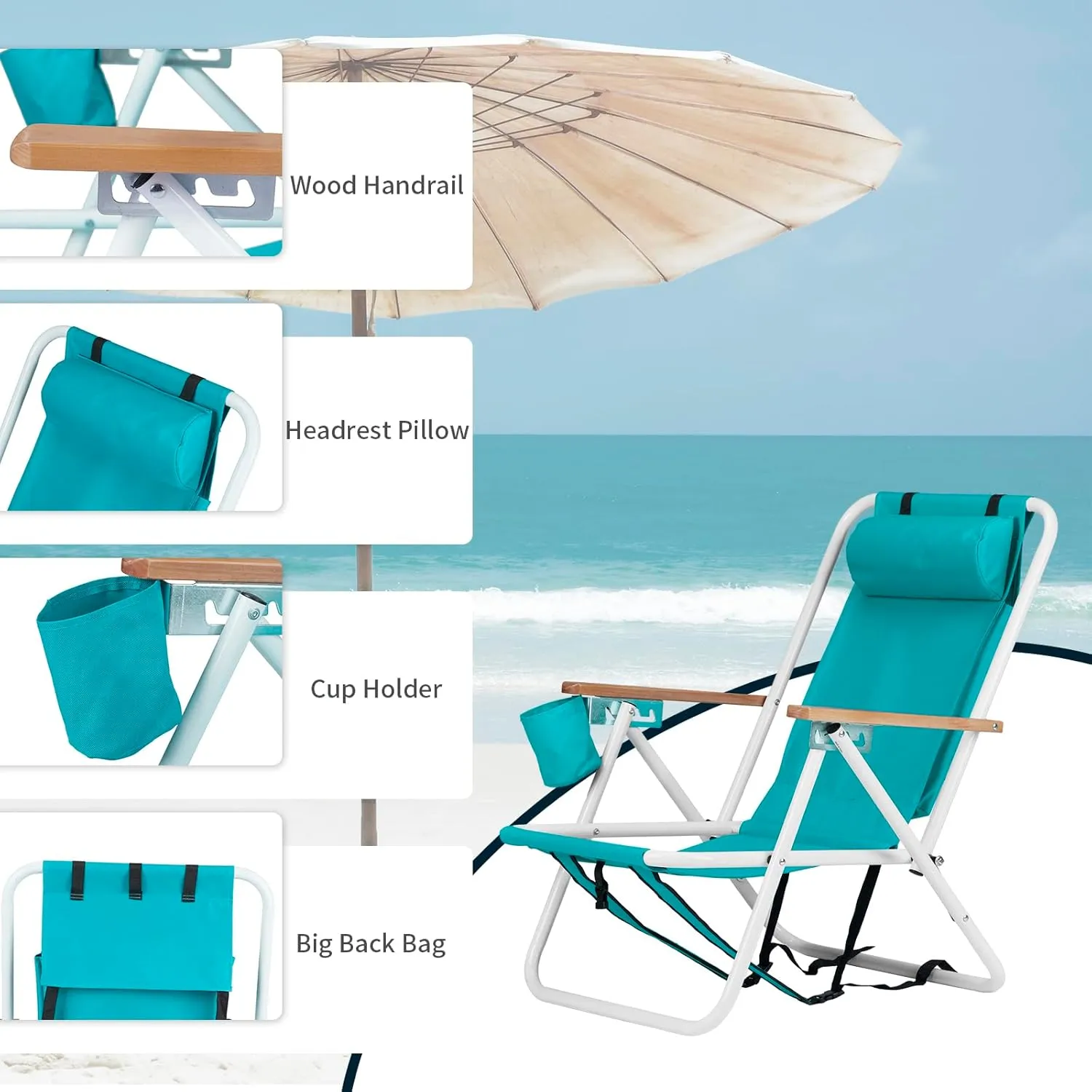 Goujxcy Modern Green Oxford Foldable Beach Chair with 4 Reclining Positions, Wooden Armrests, Headrest, Cup Holder, Portable, Lightweight, 265 lbs Capacity