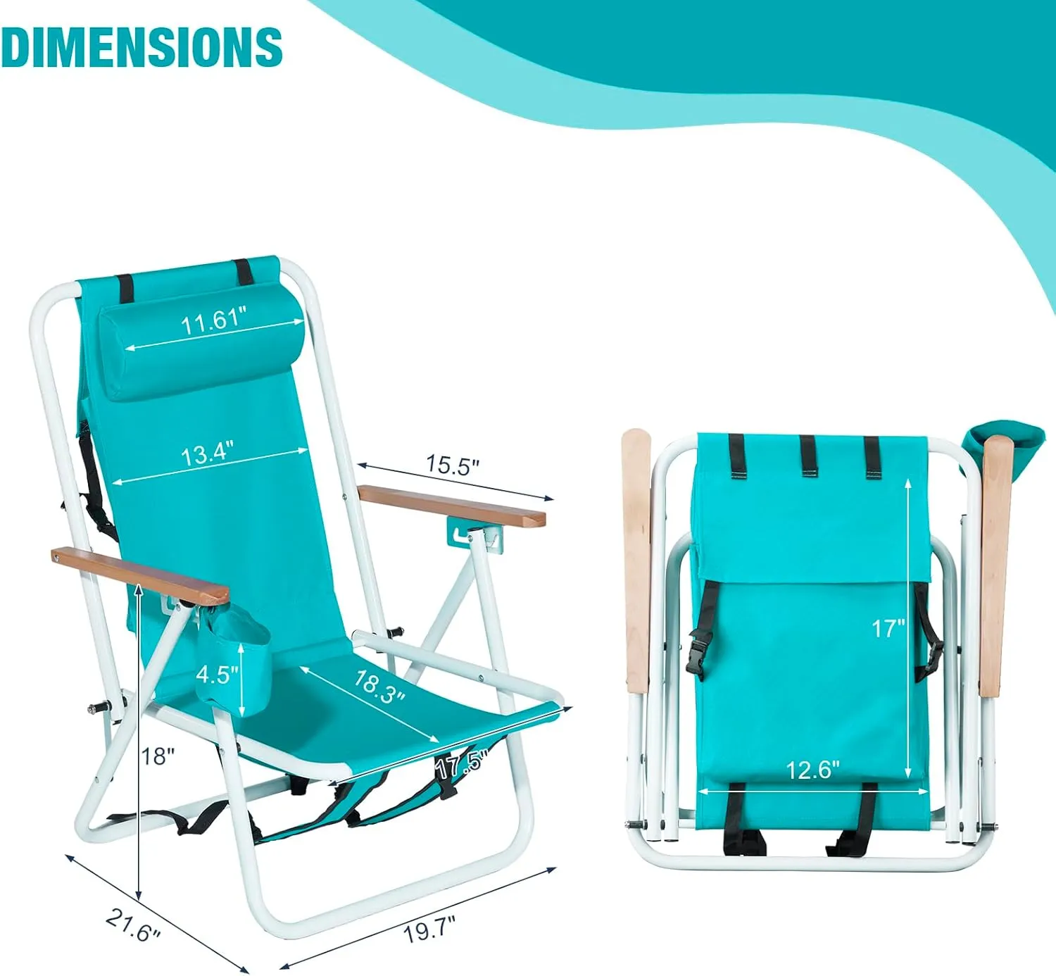 Goujxcy Modern Green Oxford Foldable Beach Chair with 4 Reclining Positions, Wooden Armrests, Headrest, Cup Holder, Portable, Lightweight, 265 lbs Capacity