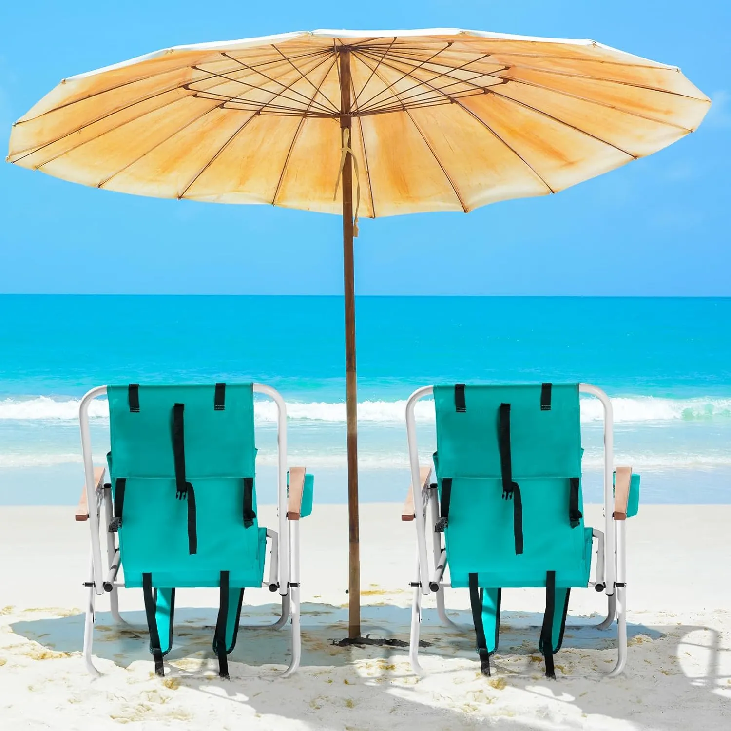 Goujxcy Modern Green Oxford Foldable Beach Chair with 4 Reclining Positions, Wooden Armrests, Headrest, Cup Holder, Portable, Lightweight, 265 lbs Capacity