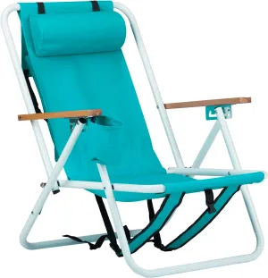 Goujxcy Modern Green Oxford Foldable Beach Chair with 4 Reclining Positions, Wooden Armrests, Headrest, Cup Holder, Portable, Lightweight, 265 lbs Capacity