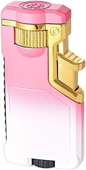 Gradient color metal push-butane lighters, windproof jet flame, three-color flame switchable, adjustable flame, refillable gas portable torch classic lighter, gift for men (fuel not included)(PinkWhit