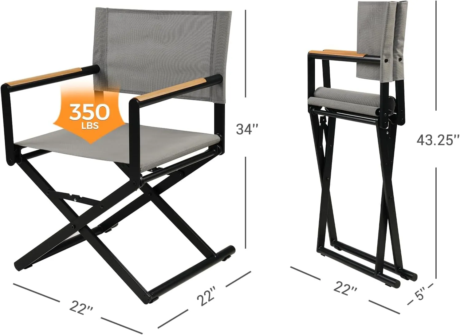 Grand patio Extra-Wide 4-Pack Directors Chairs, Folding Dining Chair Set of 4 with Sling, Woodgrain Armrests, Outdoor, Gray