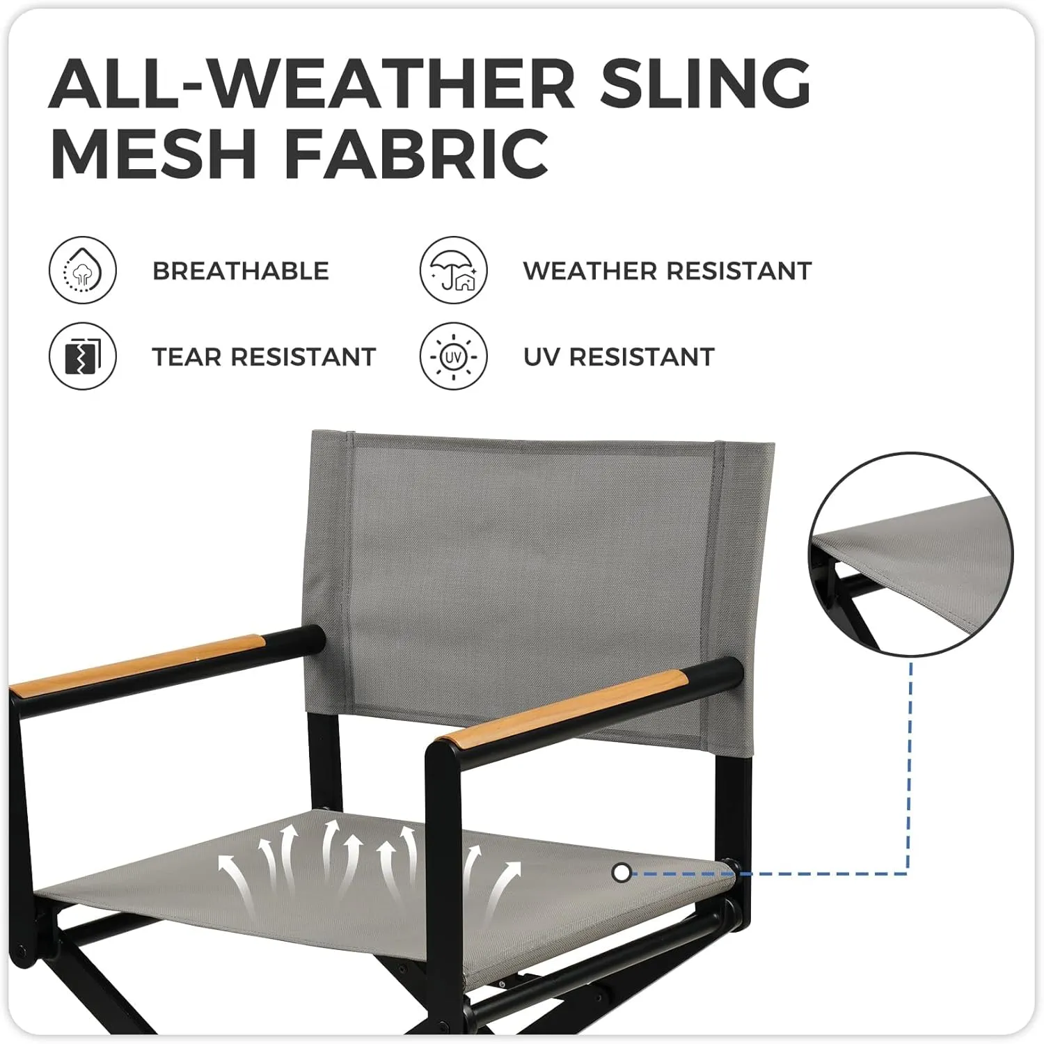 Grand patio Extra-Wide 4-Pack Directors Chairs, Folding Dining Chair Set of 4 with Sling, Woodgrain Armrests, Outdoor, Gray