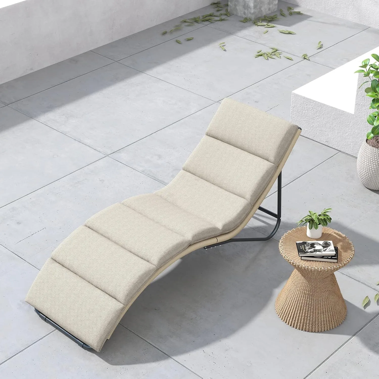 Grand patio Outdoor Chaise Lounge Sunbathing Chair Arc Lounger with Wicker Cushion Multipurpose Lounge Chair for Poolside, Tan