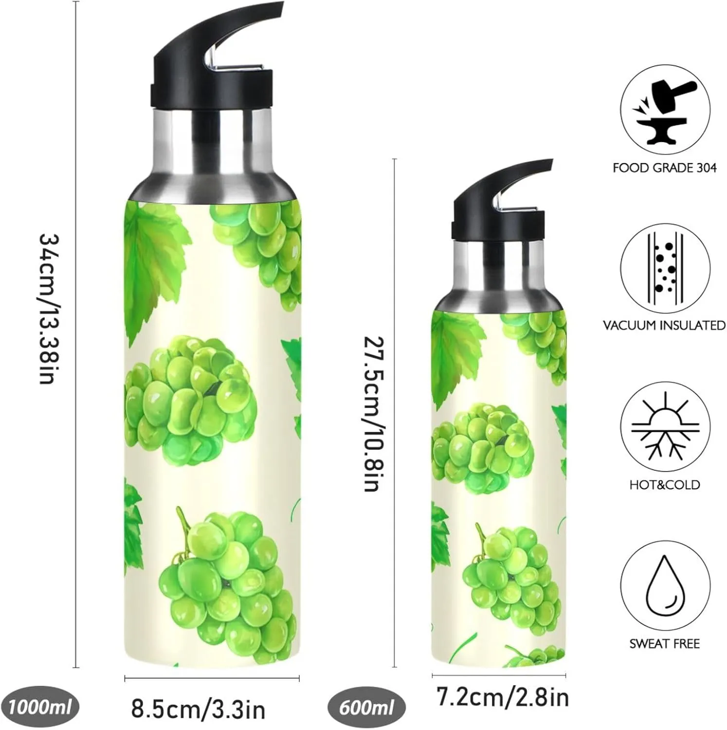 Grapes Sports Water Bottle with Straw, 22oz BPA Free Stainless Steel Vacuum Insulated Bottle for Gym Fitness Outdoor