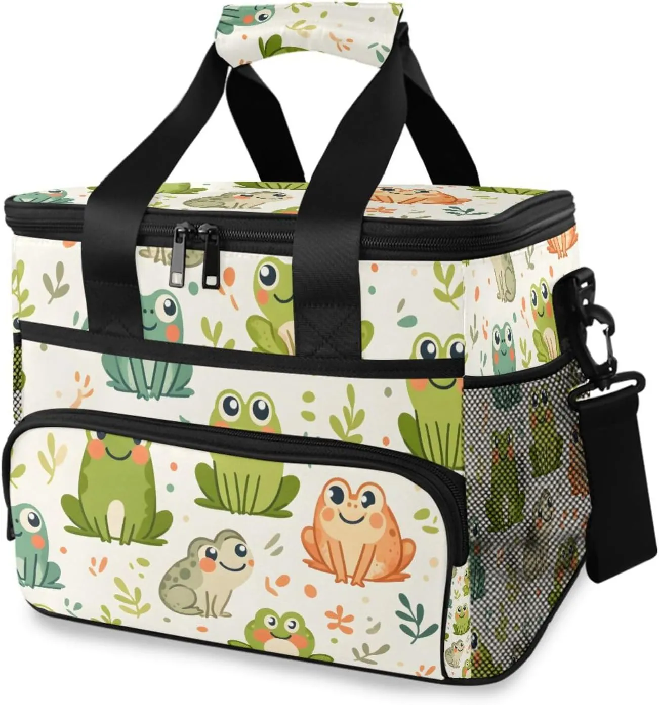 Green Frogs Leaves White Cooler Bag Insulated Cooler Soft Sided Cooler 24 Can Portable Picnic Bag Large Leakproof Lunch Bag Box for Beach Grocery Camping Travel Car Men Women