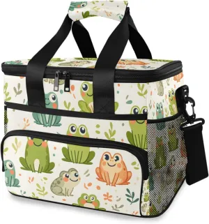 Green Frogs Leaves White Cooler Bag Insulated Cooler Soft Sided Cooler 24 Can Portable Picnic Bag Large Leakproof Lunch Bag Box for Beach Grocery Camping Travel Car Men Women