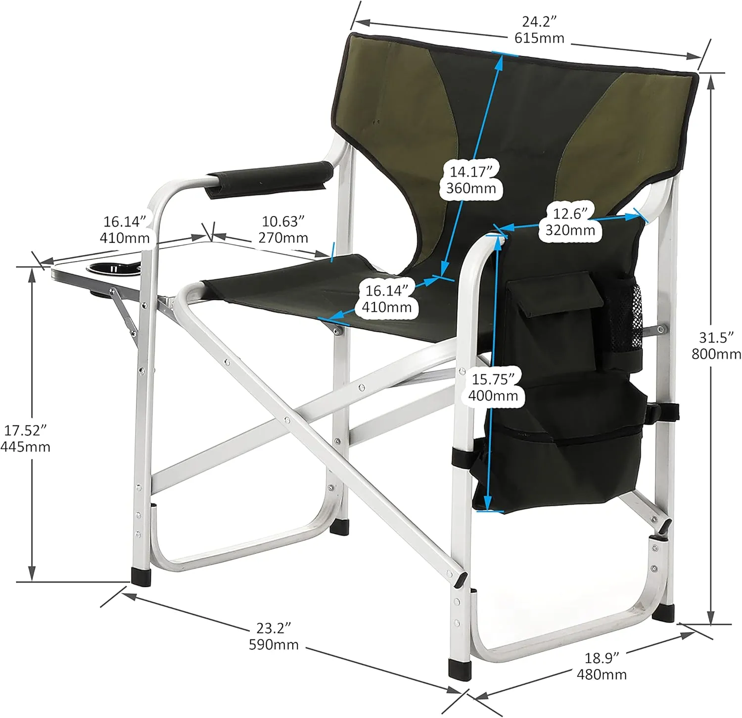 Green Padded Folding Outdoor Chair with Side Table - Lightweight Oversized Directors Chair with Storage Pockets for Camping, Picnics, Fishing - 34.83"x18.90"x31.50"