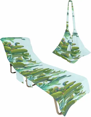 Green Summer Cactus Beach Pool Patio Lounge Chaise Chair Cover Towel With Pockets, Absorbent & Quick Dry Microfiber Towel Cover Bag Summer Travel Accessories for Sunbathing Tropical Plant Succulent