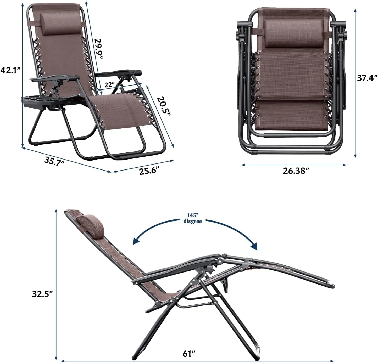 Greesum Zero Gravity Chairs Set of 2 Adjustable Steel Mesh Recliners Beach Deck Lawn Camping Patio Foldable Lounge Chair with Cup Holder Trays and Pillows,Brown