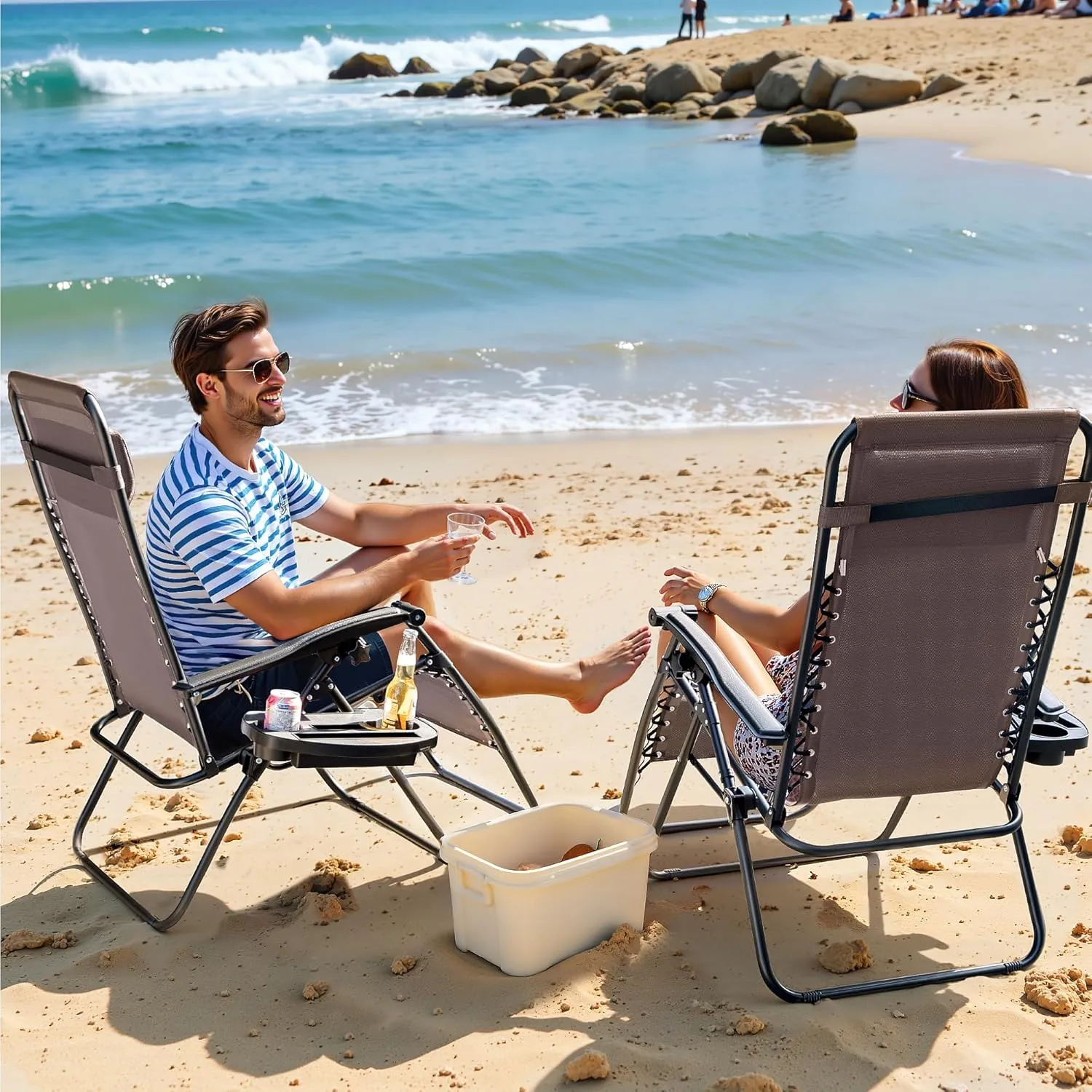 Greesum Zero Gravity Chairs Set of 2 Adjustable Steel Mesh Recliners Beach Deck Lawn Camping Patio Foldable Lounge Chair with Cup Holder Trays and Pillows,Brown