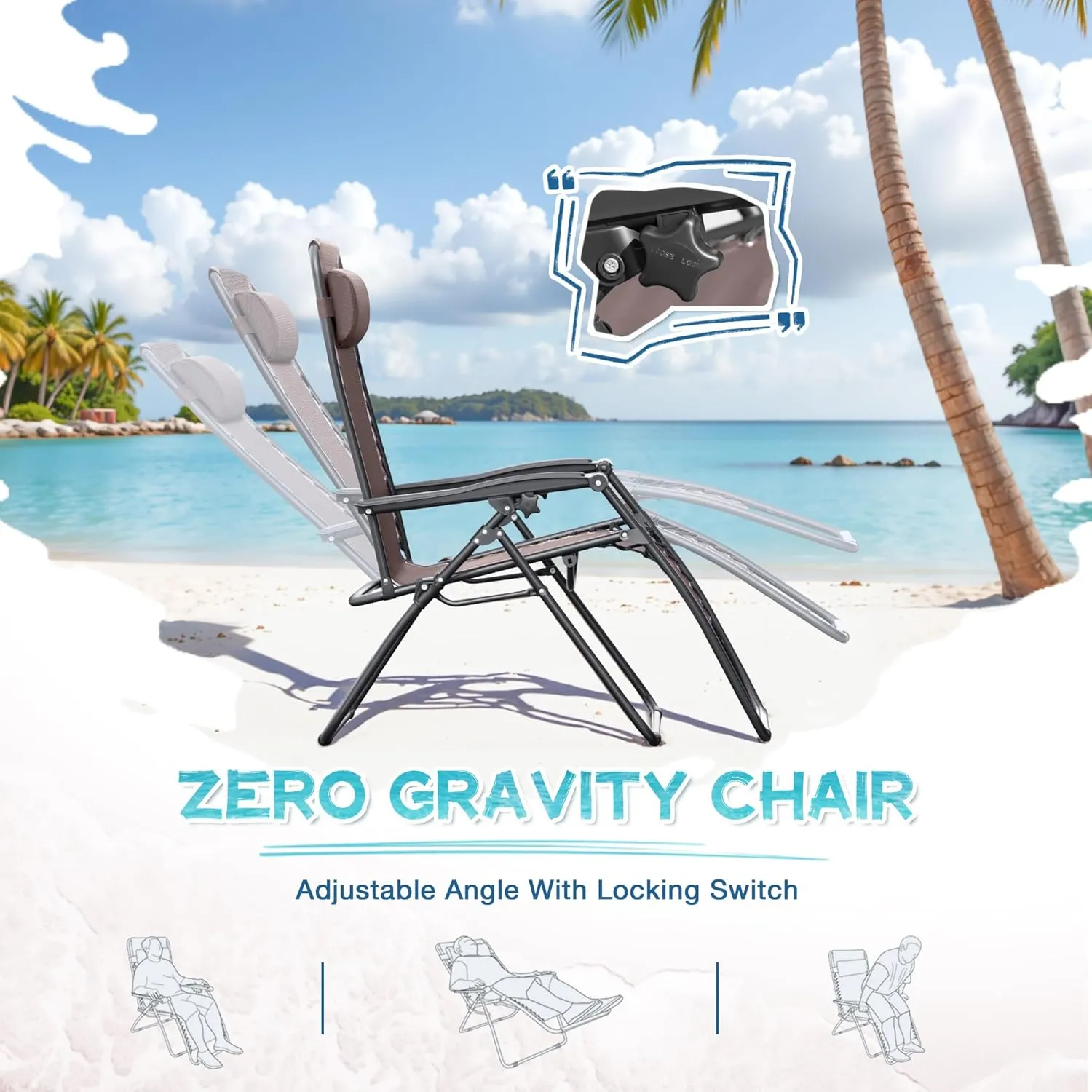 Greesum Zero Gravity Chairs Set of 2 Adjustable Steel Mesh Recliners Beach Deck Lawn Camping Patio Foldable Lounge Chair with Cup Holder Trays and Pillows,Brown