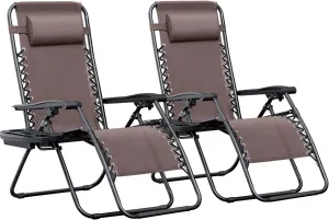 Greesum Zero Gravity Chairs Set of 2 Adjustable Steel Mesh Recliners Beach Deck Lawn Camping Patio Foldable Lounge Chair with Cup Holder Trays and Pillows,Brown