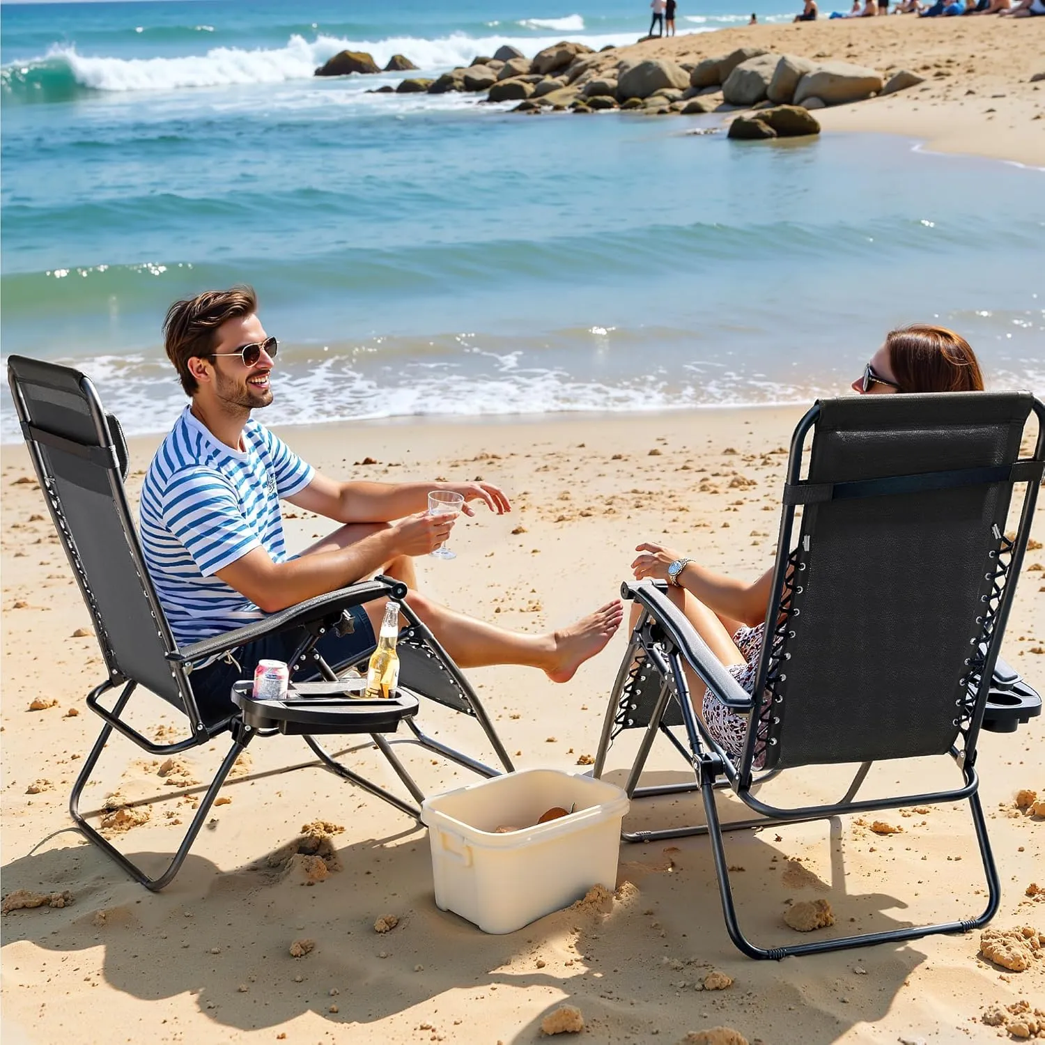 Greesum Zero Gravity Chairs Set of 2 Adjustable Steel Mesh Recliners Beach Deck Lawn Camping Patio Foldable Lounge Chair with Cup Holder Trays and Pillows,Dark Black
