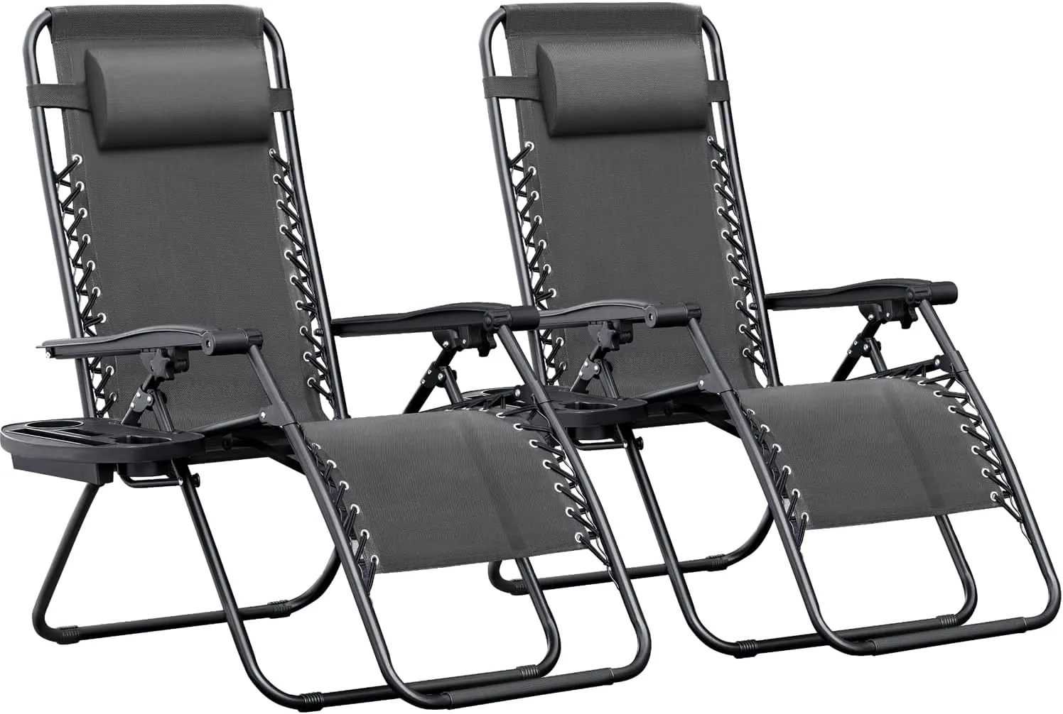 Greesum Zero Gravity Chairs Set of 2 Adjustable Steel Mesh Recliners Beach Deck Lawn Camping Patio Foldable Lounge Chair with Cup Holder Trays and Pillows,Dark Black