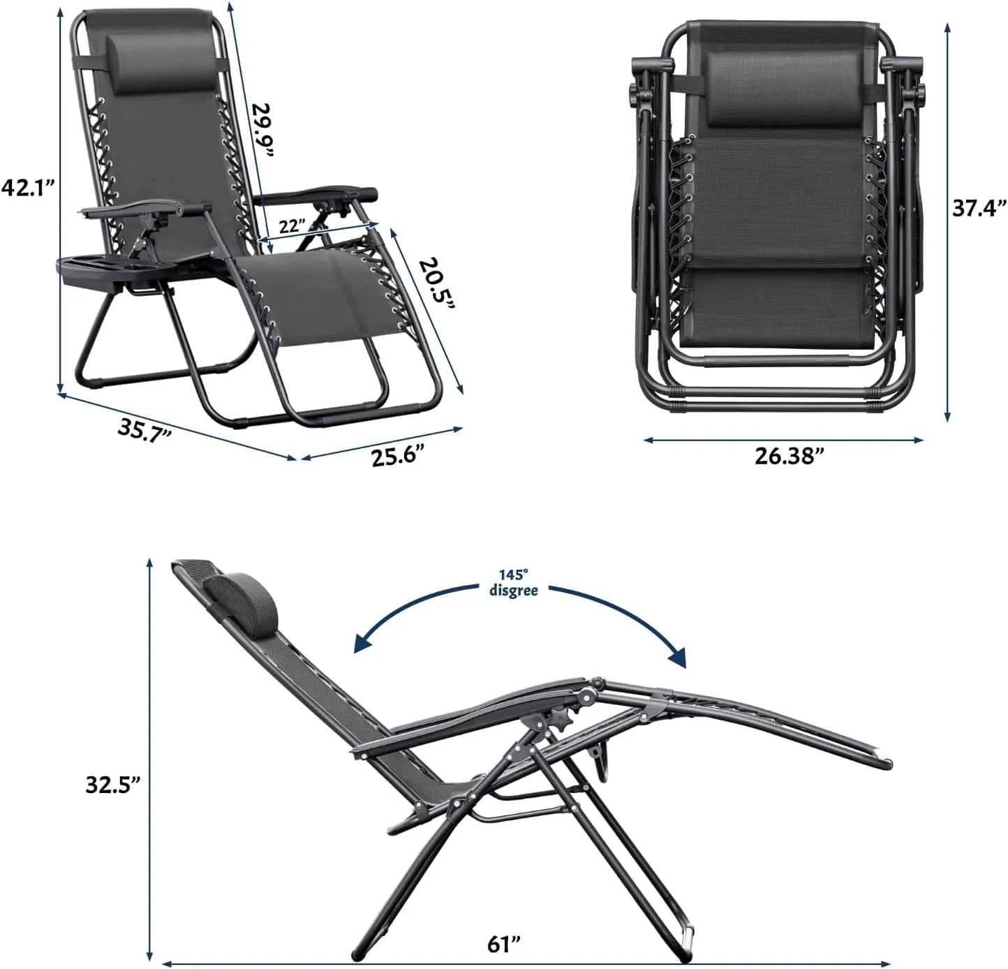 Greesum Zero Gravity Chairs Set of 2 Adjustable Steel Mesh Recliners Beach Deck Lawn Camping Patio Foldable Lounge Chair with Cup Holder Trays and Pillows,Dark Black