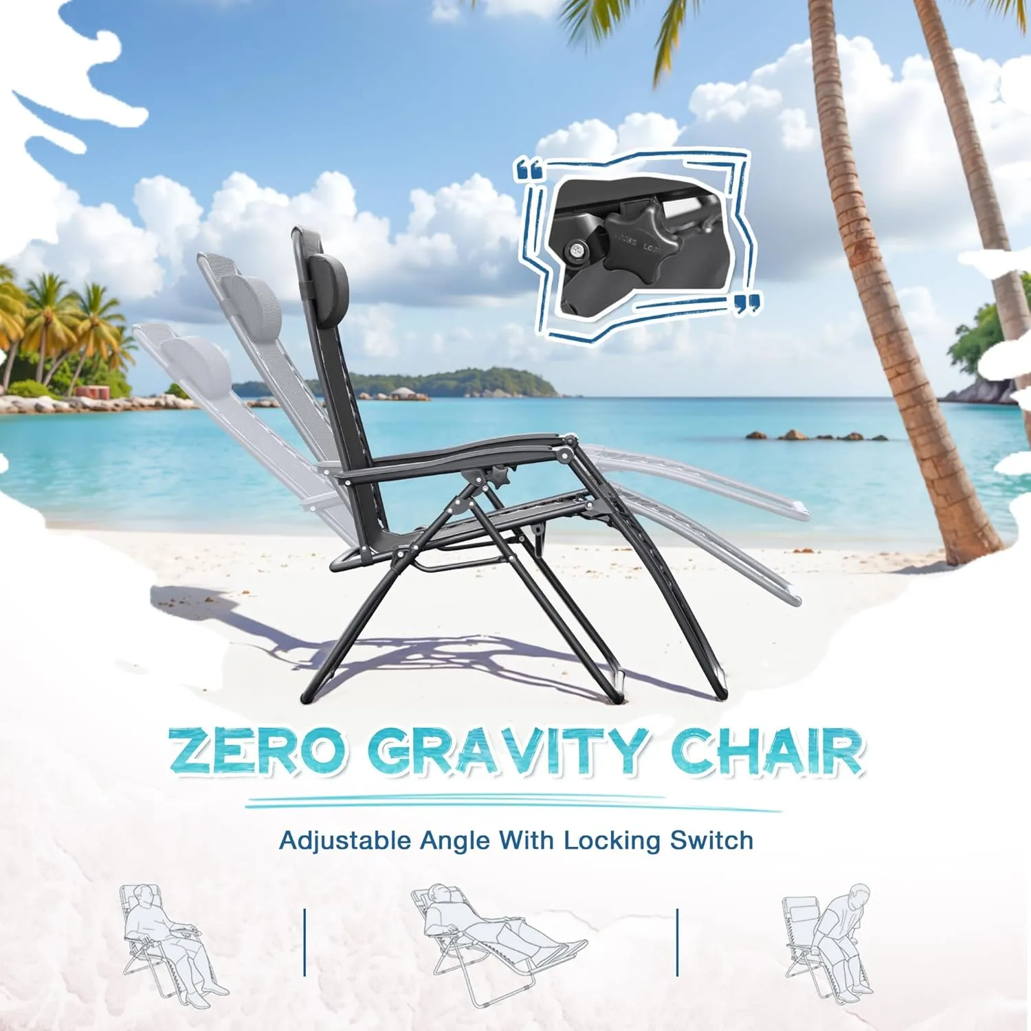 Greesum Zero Gravity Chairs Set of 2 Adjustable Steel Mesh Recliners Beach Deck Lawn Camping Patio Foldable Lounge Chair with Cup Holder Trays and Pillows,Dark Black