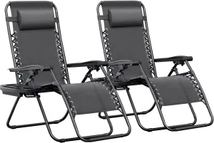 Greesum Zero Gravity Chairs Set of 2 Adjustable Steel Mesh Recliners Beach Deck Lawn Camping Patio Foldable Lounge Chair with Cup Holder Trays and Pillows,Dark Black