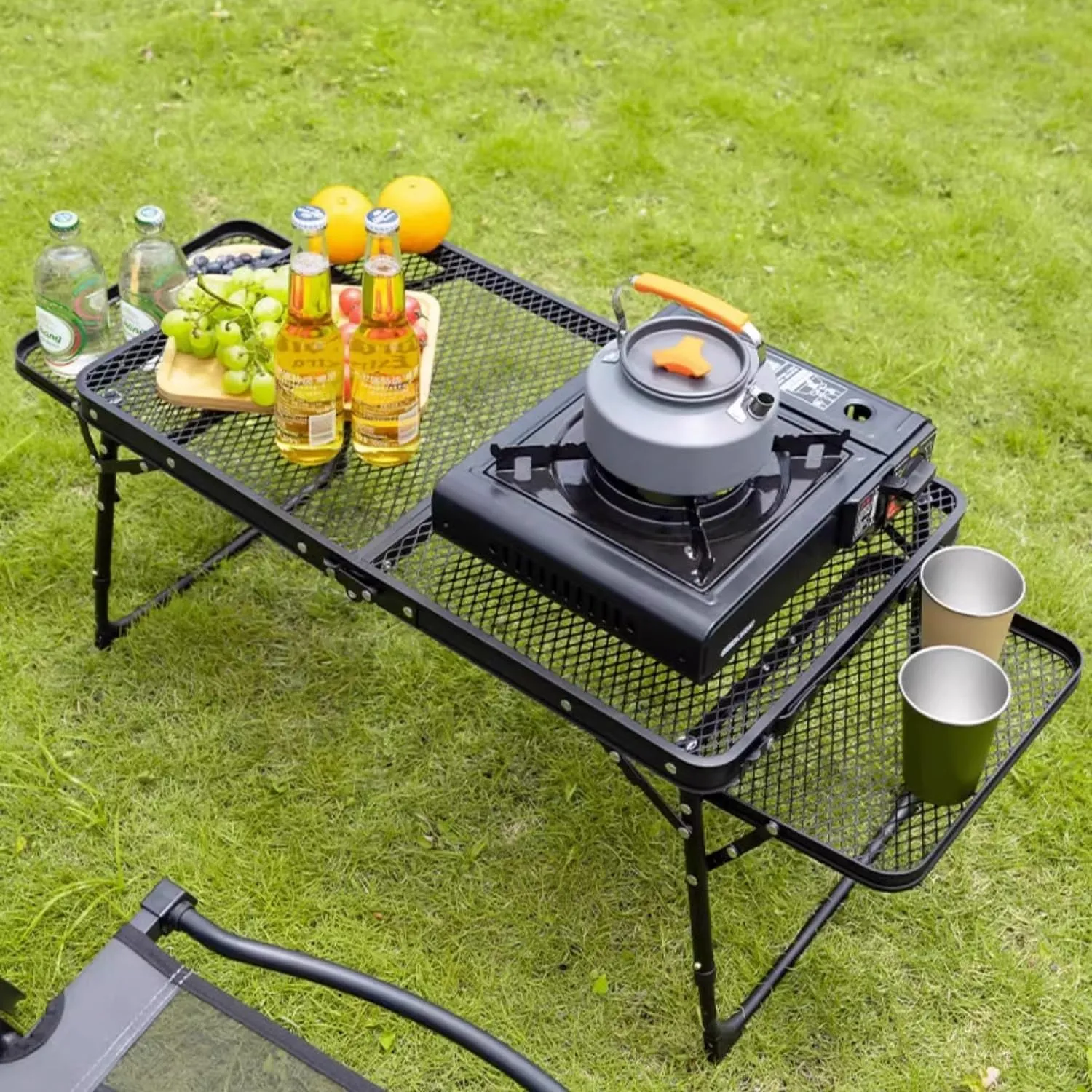 Grill Picnic Table Outdoor Camping Cook Station 2 Side Shelves Height Adjustable Small Folding Table Portable Lightweight for Camping, Picnic, BBQ(B)