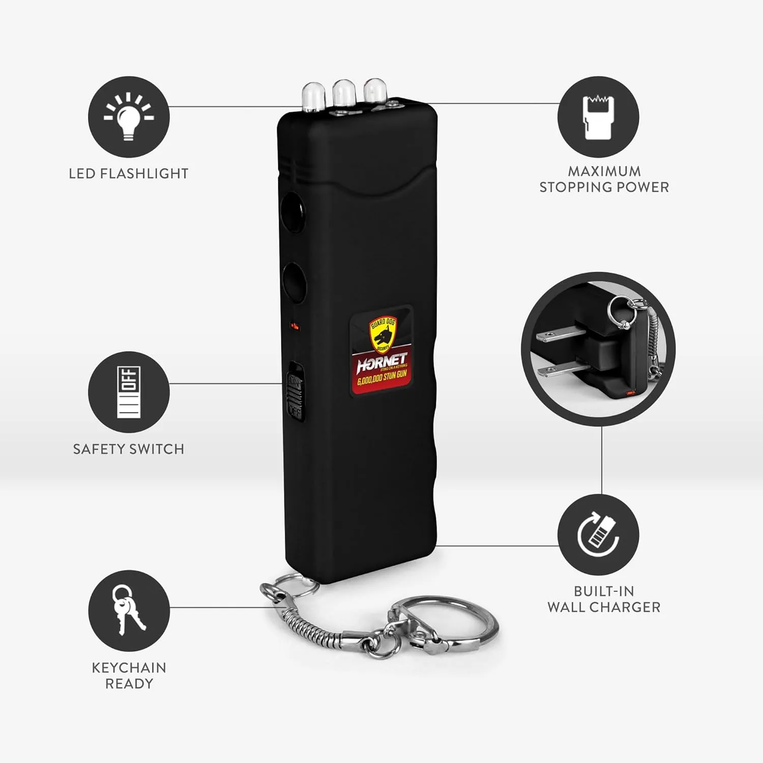 Guard Dog Hornet Micro Stun Gun Keychain - with LED Flashlight, Safety Switch, and Powerful Shock, Heavy Duty Keychain Stun Gun with Bright Flashlight, Built-in Charger, Women Self Defense