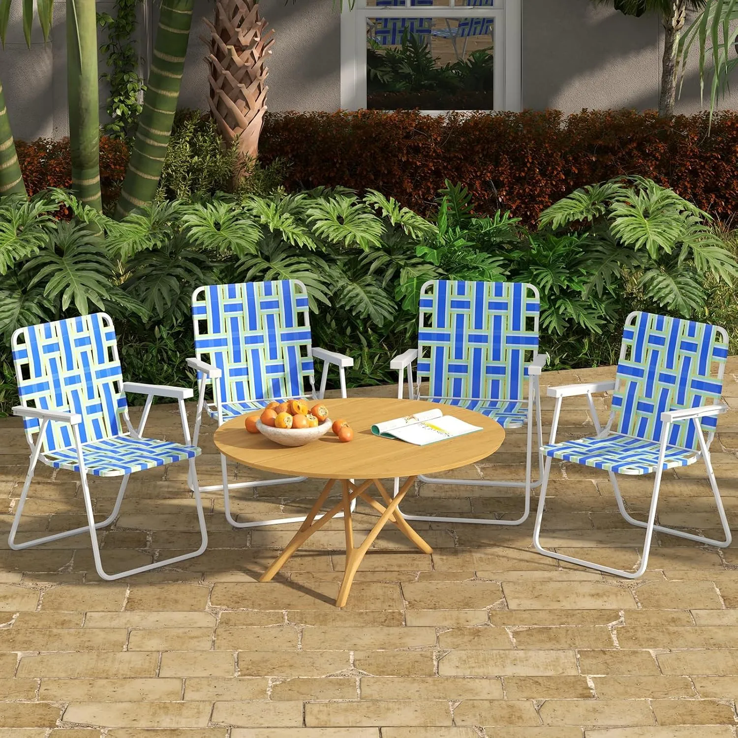GYMAX Folding Chair, Patio Lawn Chair Set with Armrest, Indoor/Outdoor 6 Pack Webbed Lightweight Dinning Chair, Portable Beach Chair for Outside, Poolside, Backyard (Blue & Green, 6)