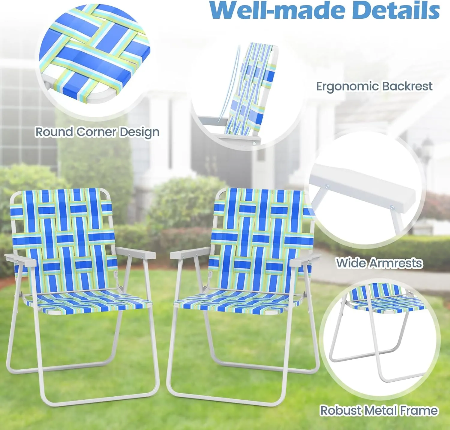 GYMAX Folding Chair, Patio Lawn Chair Set with Armrest, Indoor/Outdoor 6 Pack Webbed Lightweight Dinning Chair, Portable Beach Chair for Outside, Poolside, Backyard (Blue & Green, 6)