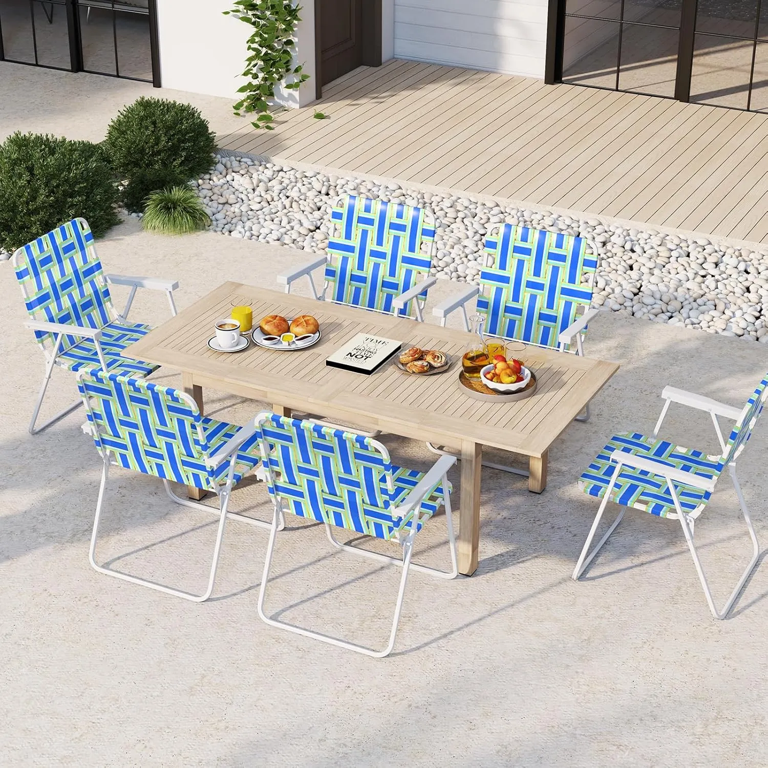 GYMAX Folding Chair, Patio Lawn Chair Set with Armrest, Indoor/Outdoor 6 Pack Webbed Lightweight Dinning Chair, Portable Beach Chair for Outside, Poolside, Backyard (Blue & Green, 6)