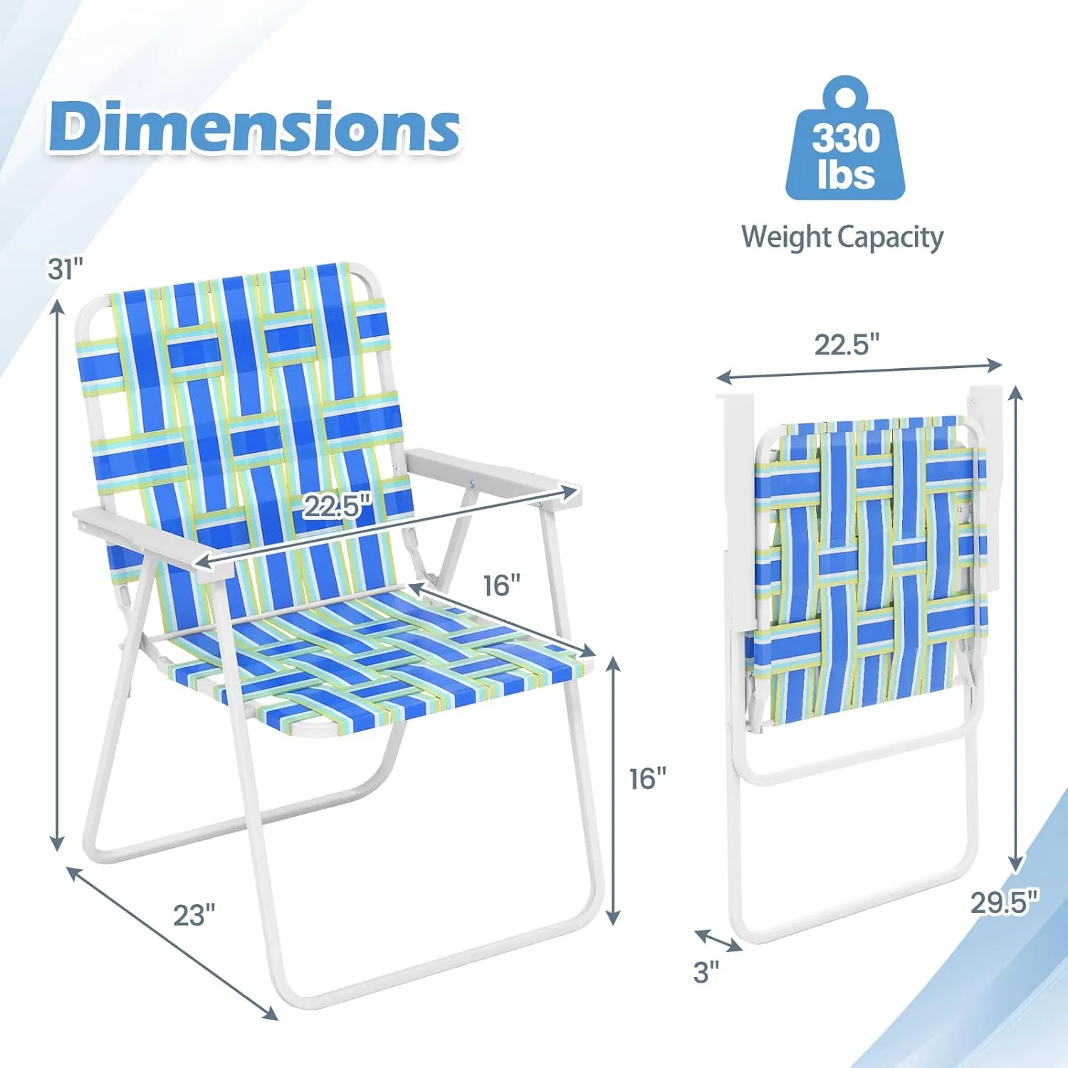 GYMAX Folding Chair, Patio Lawn Chair Set with Armrest, Indoor/Outdoor 6 Pack Webbed Lightweight Dinning Chair, Portable Beach Chair for Outside, Poolside, Backyard (Blue & Green, 6)