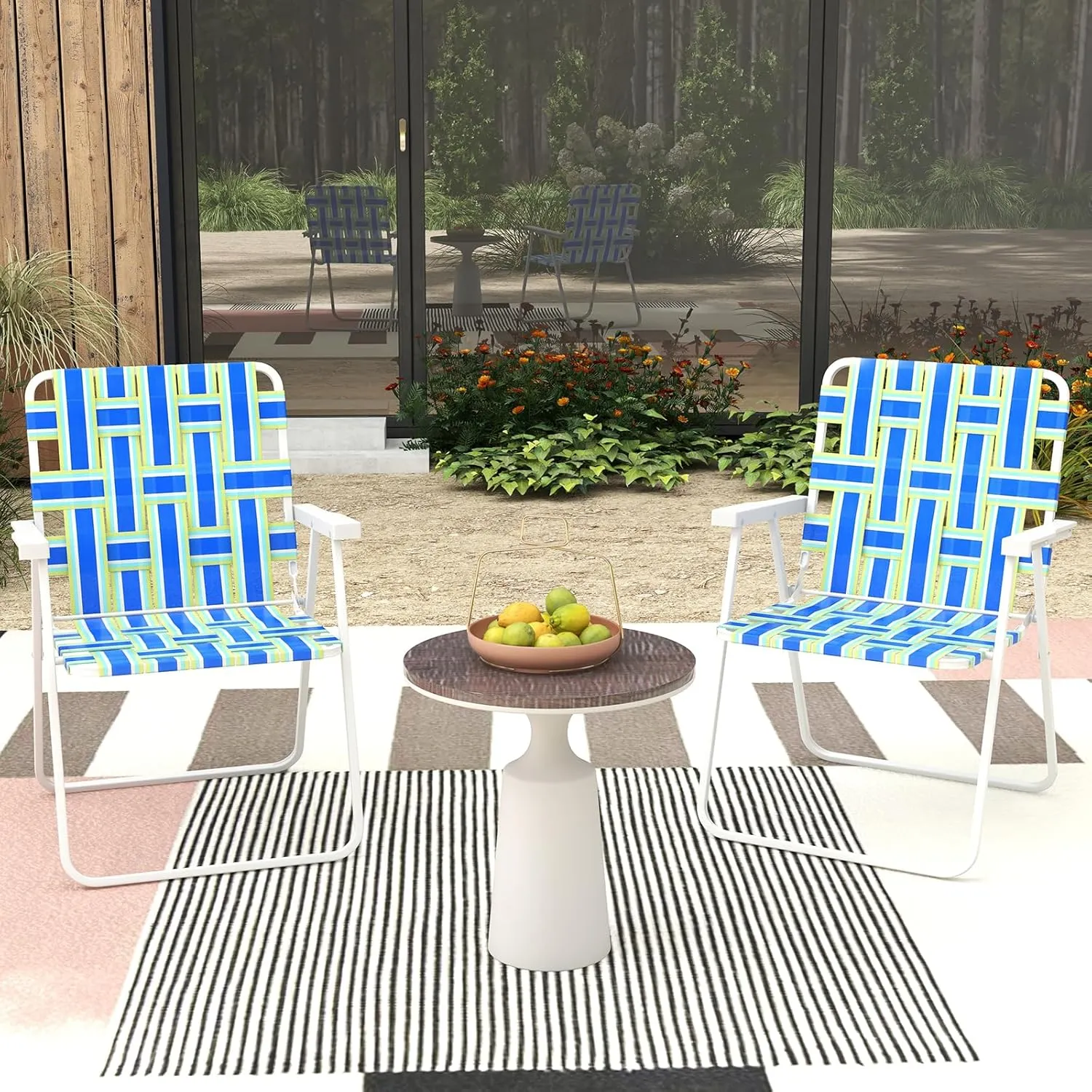 GYMAX Folding Chair, Patio Lawn Chair Set with Armrest, Indoor/Outdoor 6 Pack Webbed Lightweight Dinning Chair, Portable Beach Chair for Outside, Poolside, Backyard (Blue & Green, 6)