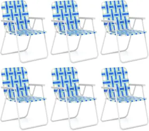 GYMAX Folding Chair, Patio Lawn Chair Set with Armrest, Indoor/Outdoor 6 Pack Webbed Lightweight Dinning Chair, Portable Beach Chair for Outside, Poolside, Backyard (Blue & Green, 6)
