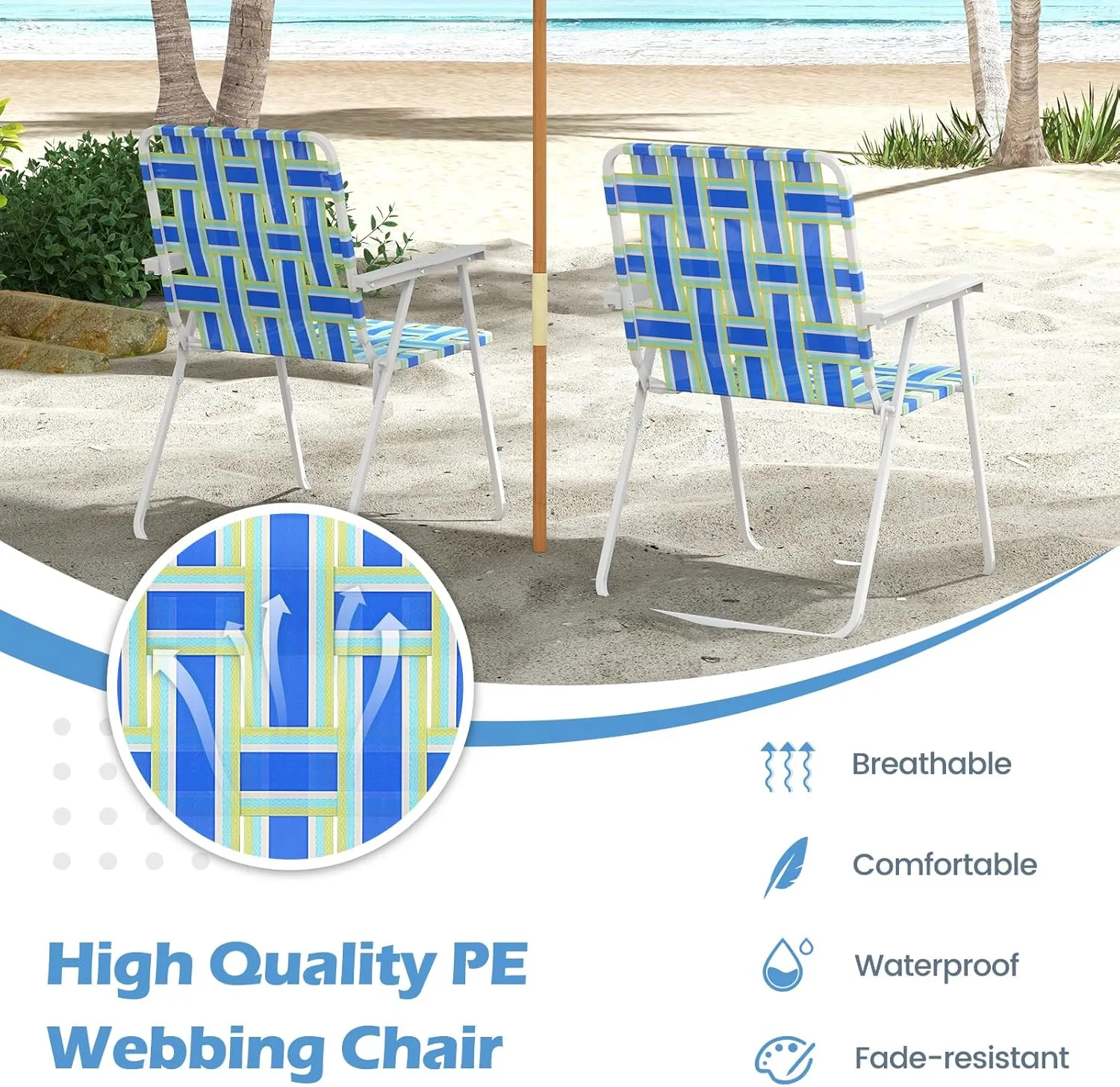 GYMAX Folding Chair, Patio Lawn Chair Set with Armrest, Indoor/Outdoor 6 Pack Webbed Lightweight Dinning Chair, Portable Beach Chair for Outside, Poolside, Backyard (Blue & Green, 6)
