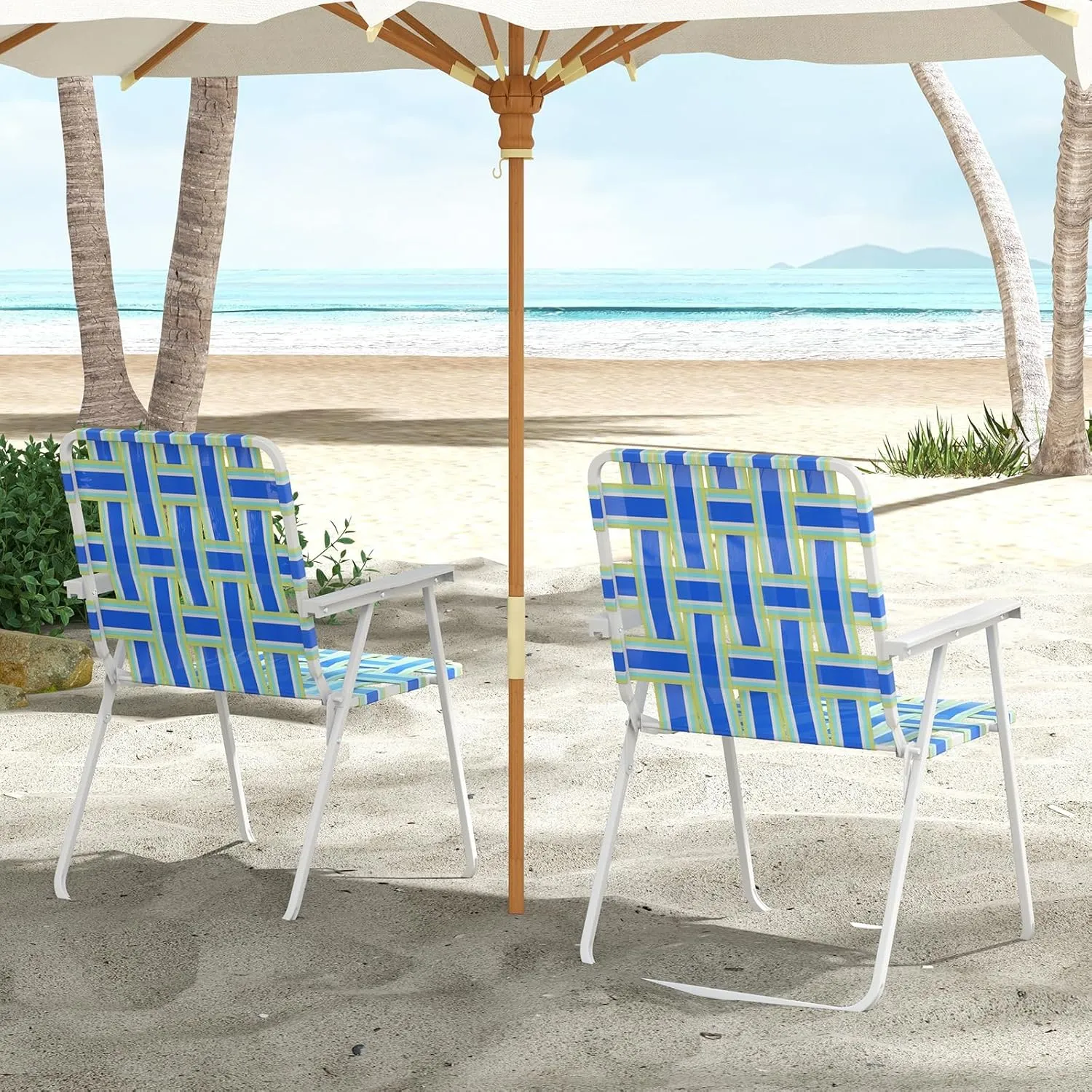 GYMAX Folding Chair, Patio Lawn Chair Set with Armrest, Indoor/Outdoor 6 Pack Webbed Lightweight Dinning Chair, Portable Beach Chair for Outside, Poolside, Backyard (Blue & Green, 6)
