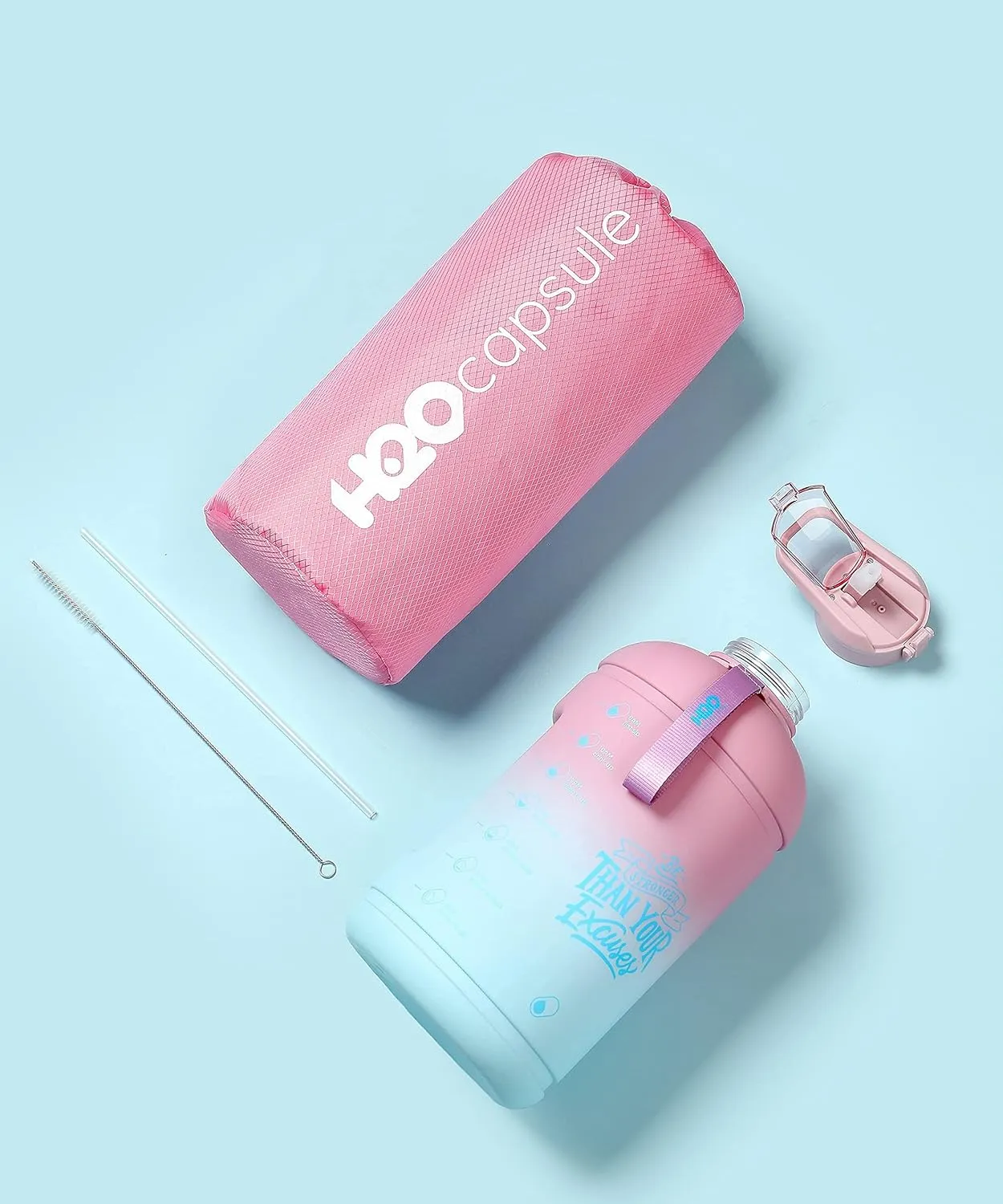 H2O Capsule INSPO Gallon Water Bottle with Time Marker and Straw Motivational Hydration Tracker Jug Big BPA-Free FoodSafe Leakproof Drinking Bottle with Handle & Strap, Rainy Ashville