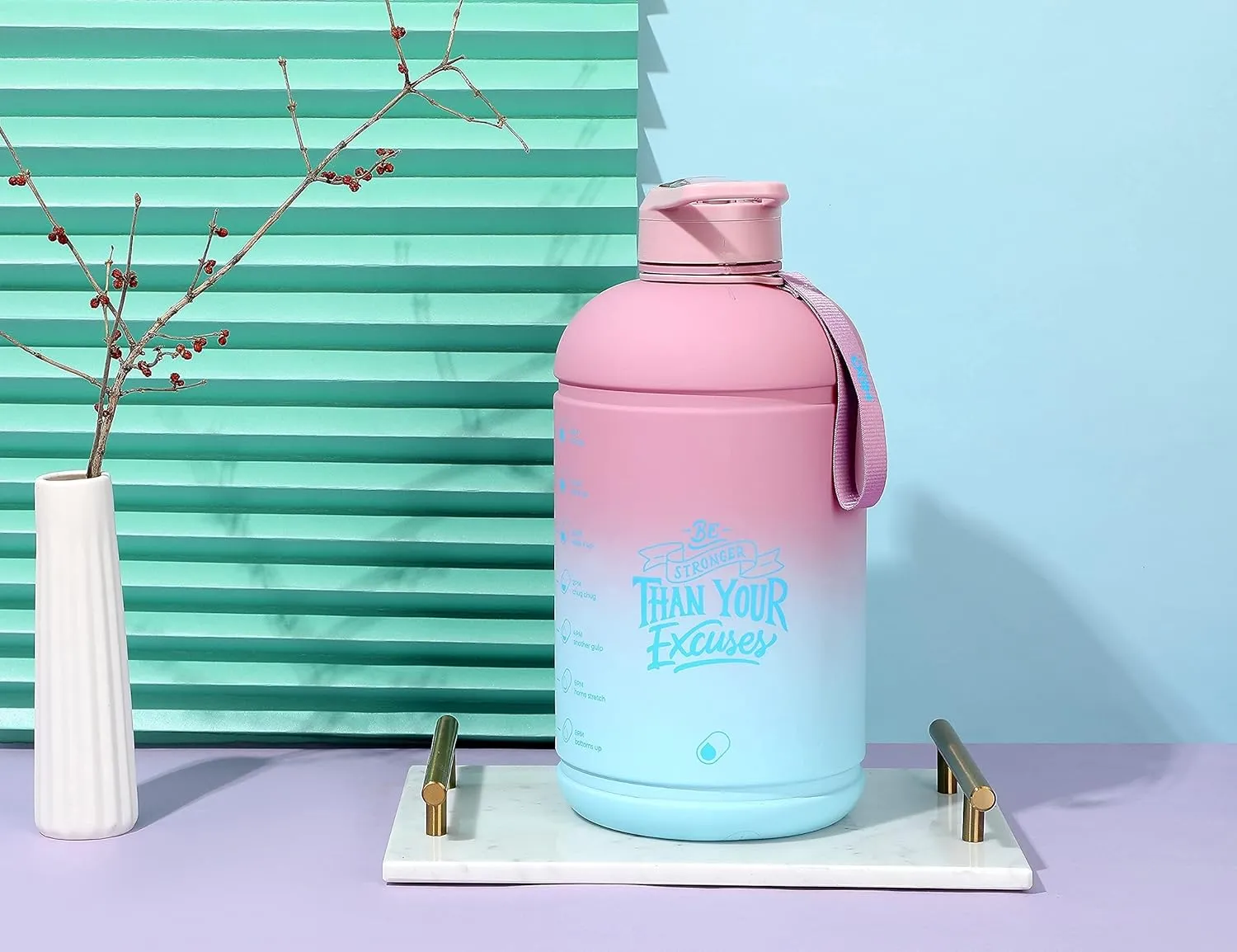 H2O Capsule INSPO Gallon Water Bottle with Time Marker and Straw Motivational Hydration Tracker Jug Big BPA-Free FoodSafe Leakproof Drinking Bottle with Handle & Strap, Rainy Ashville