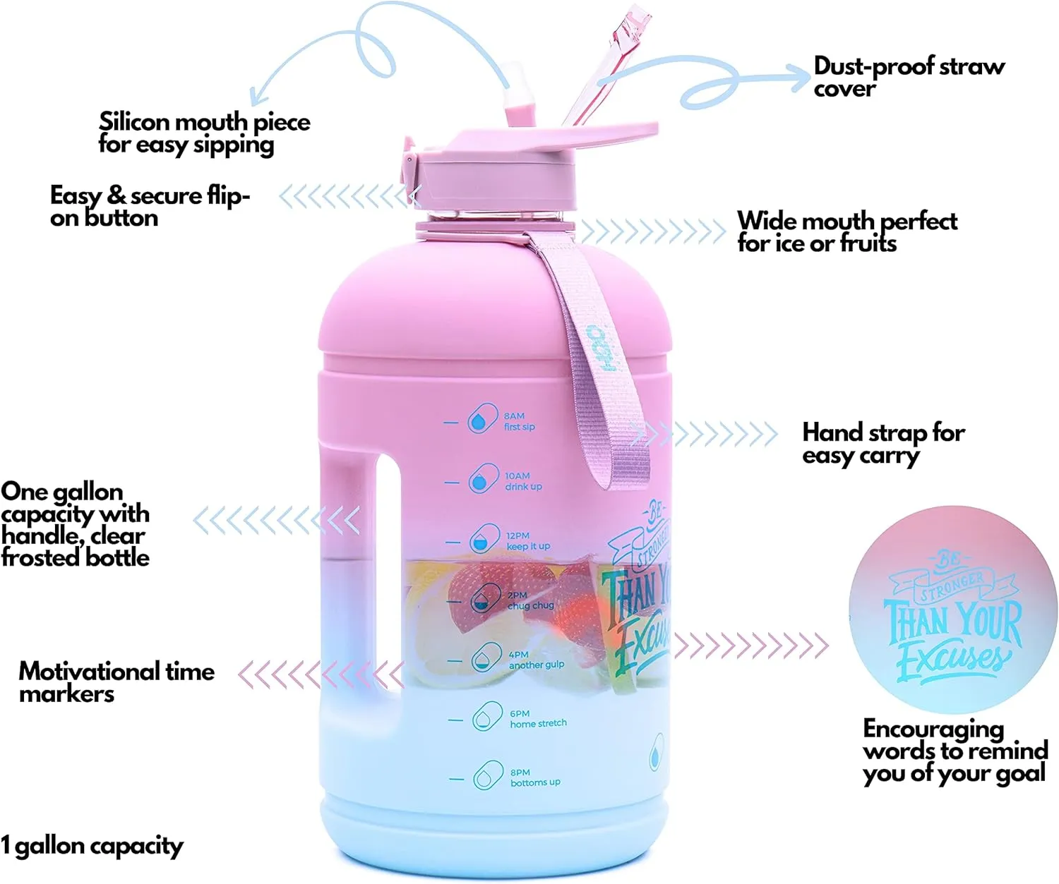 H2O Capsule INSPO Gallon Water Bottle with Time Marker and Straw Motivational Hydration Tracker Jug Big BPA-Free FoodSafe Leakproof Drinking Bottle with Handle & Strap, Rainy Ashville