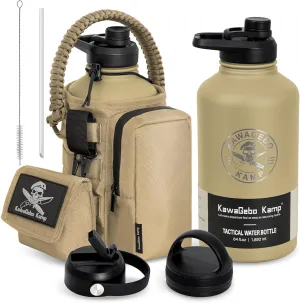 Half Gallon Tactical Water Bottle With Straw - Battle Bottle - 64 OZ Stainless Steel Water Jug with 3 Lids, Paracord Handle, Molle System