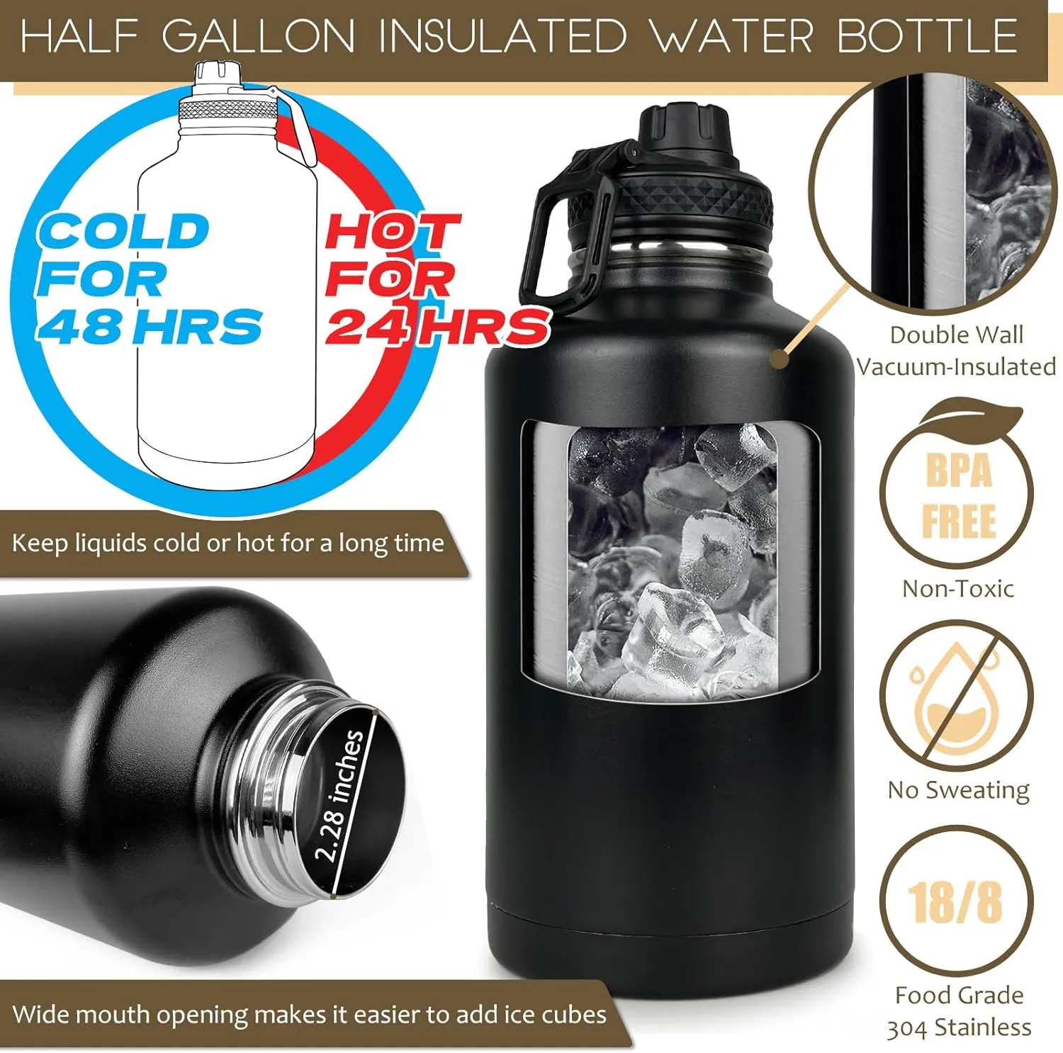 Half Gallon Water Bottle with Sleeve - 64 Oz Insulated Water Jug with Strap Stainless Steel Big Gym Water Bottles for Men Sports Workout Hiking Camo Black