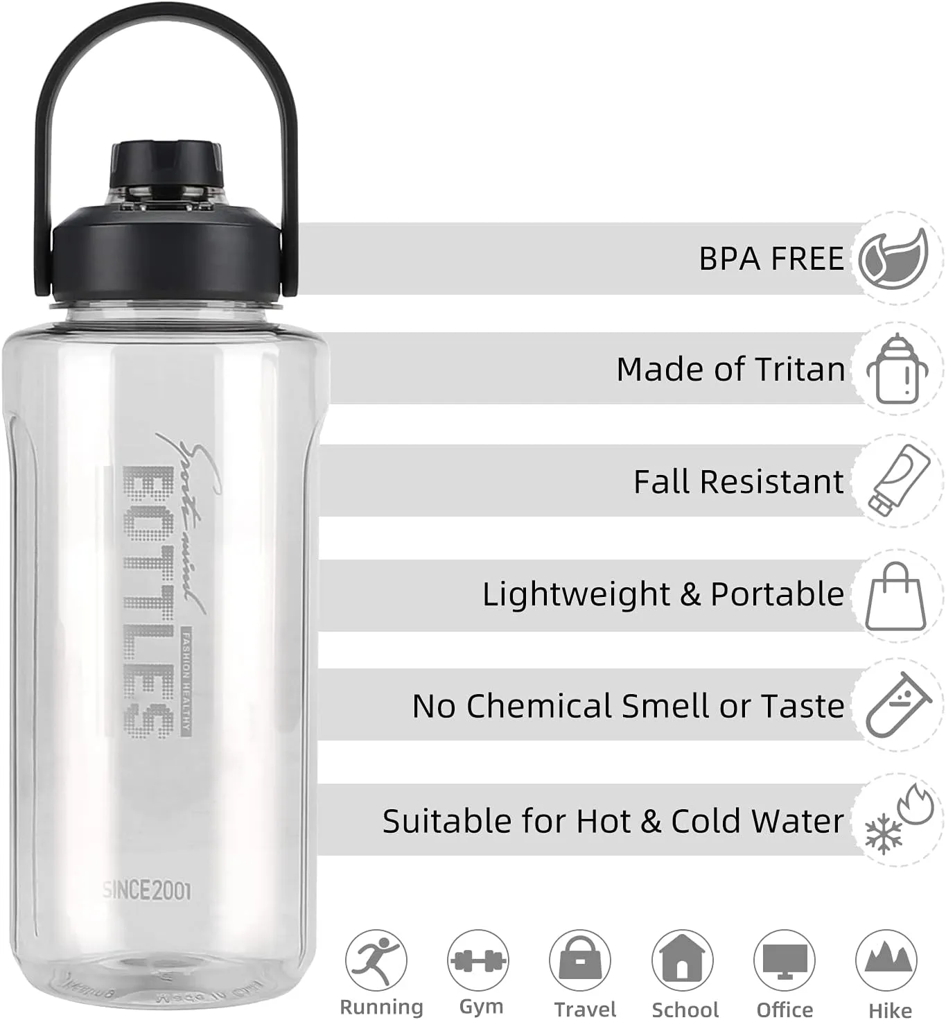 Half Gallon/64oz Water Bottle With Handle, Leak proof with removable strainer, BPA Free Fitness 2L Sports Water Jug, ensure You Drink Enough Water Daily for Gym and Outdoor Sports(Grey)