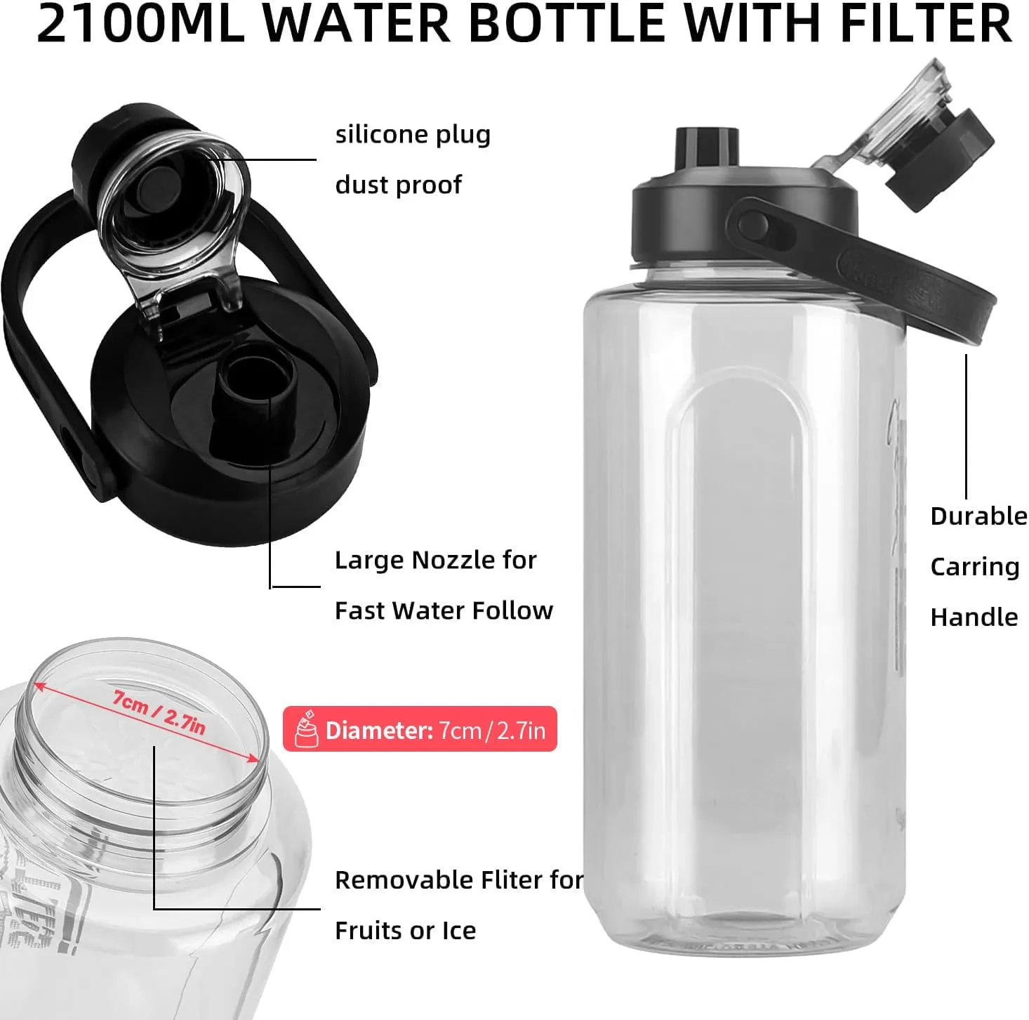 Half Gallon/64oz Water Bottle With Handle, Leak proof with removable strainer, BPA Free Fitness 2L Sports Water Jug, ensure You Drink Enough Water Daily for Gym and Outdoor Sports(Grey)
