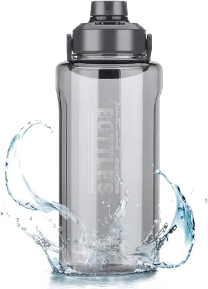 Half Gallon/64oz Water Bottle With Handle, Leak proof with removable strainer, BPA Free Fitness 2L Sports Water Jug, ensure You Drink Enough Water Daily for Gym and Outdoor Sports(Grey)
