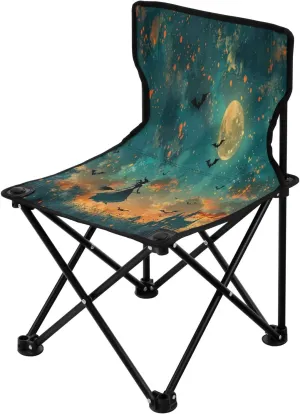 Halloween Flying Witch Portable Outdoor Folding Chair Anti-Slip Padded Oxford Cloth Stool Camping Chair Small for Beach Hiking Fishing Gardening Quad Camp Chair