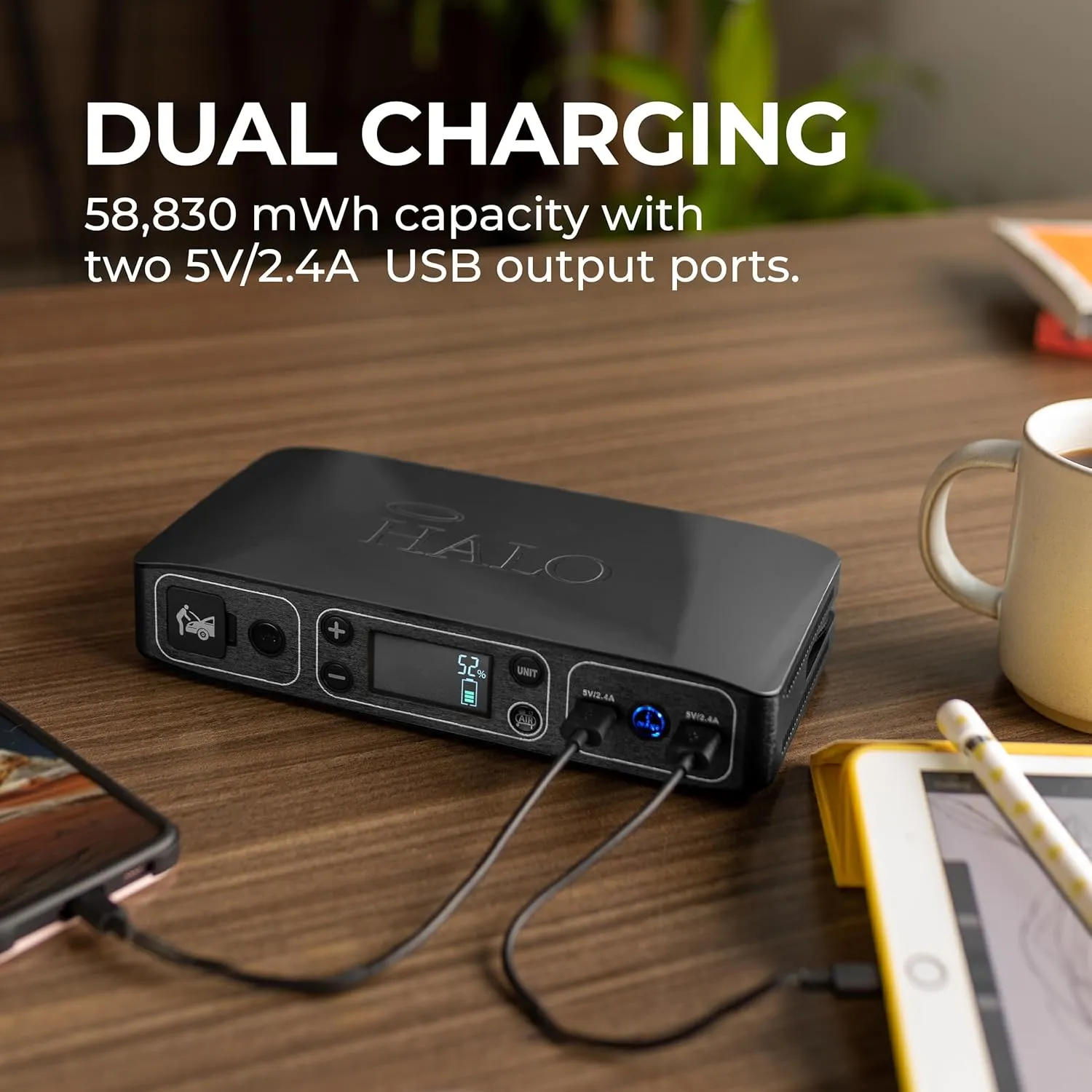 HALO Bolt Air 58830 Portable Car Battery Jump Starter | 100 PSI Air Compressor, 58.8Wh USB Power Bank, Emergency Floodlight & Charger, Jumps Cars SUVs & Trucks, Inflates Tires, TSA Approved — Blue