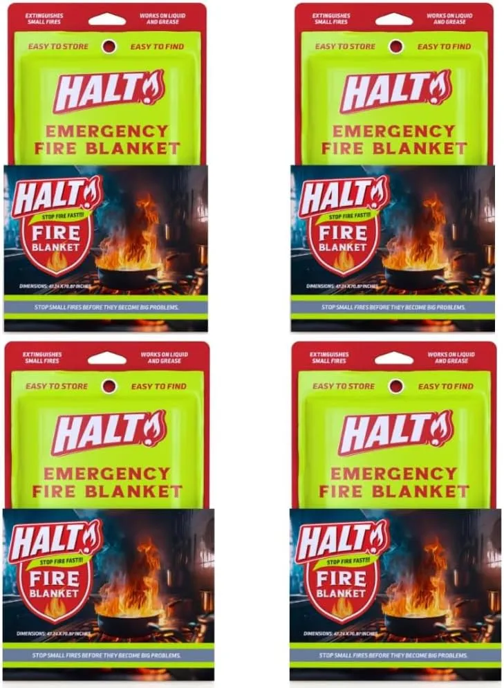 HALT! Emergency Fire Blanket - Rapid Fire Suppression for Home, Kitchen, Car & Camping |Lightweight, No Mess, Safe for Grease & Electrical Fires | Reusable & Never Expires (4-Pack)