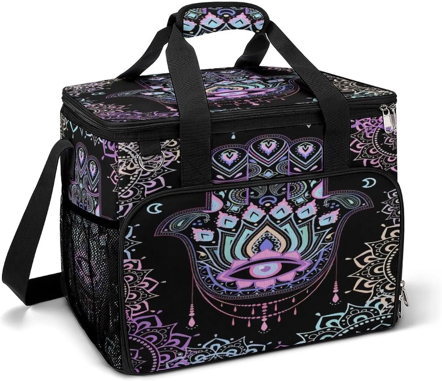 Hamsa Hand of Fatima Mandala Cooler Bag, Collapsible Soft Sided Cooler, Large Leakproof Camping Cooler, Portable Travel Cooler for Camping, Road Trips