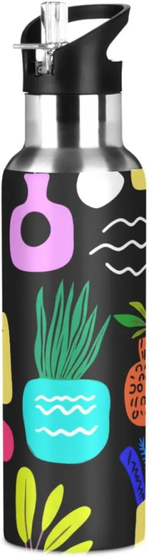 Hand-drawn Patterns Sports Water Bottle with Straw, 22oz BPA Free Stainless Steel Vacuum Insulated Bottle for Gym Fitness Outdoor