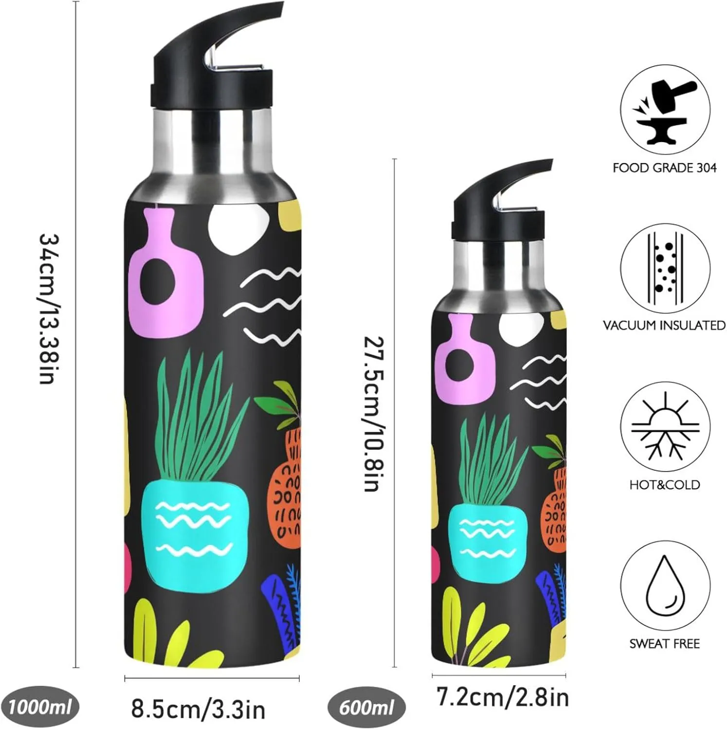 Hand-drawn Patterns Sports Water Bottle with Straw, 22oz BPA Free Stainless Steel Vacuum Insulated Bottle for Gym Fitness Outdoor