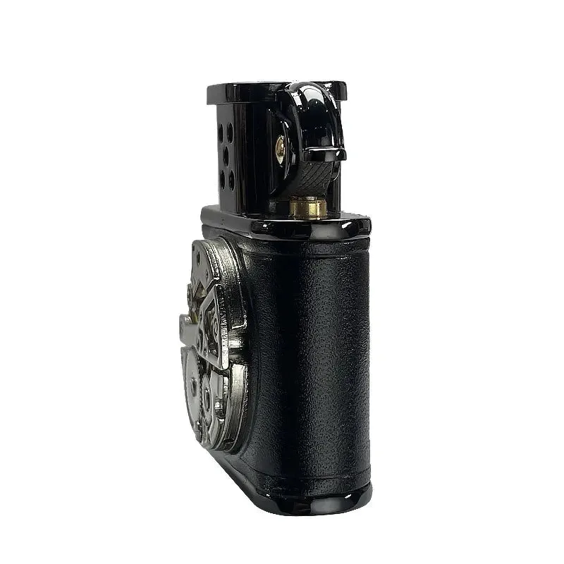 Handmade Cowhide Lighter -  Inlaid Mechanical Movement - Black