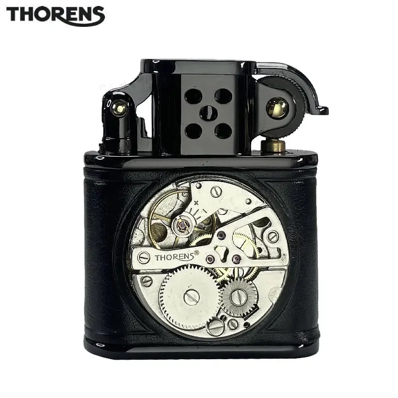 Handmade Cowhide Lighter -  Inlaid Mechanical Movement - Black