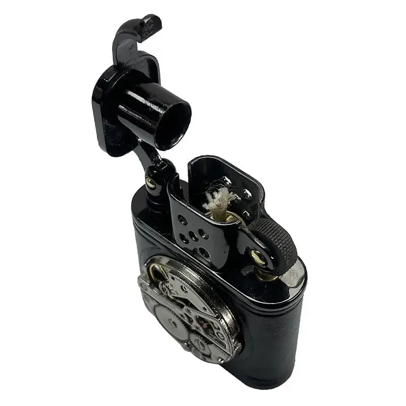 Handmade Cowhide Lighter -  Inlaid Mechanical Movement - Black