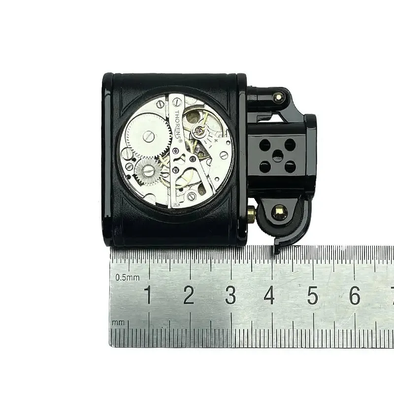 Handmade Cowhide Lighter -  Inlaid Mechanical Movement - Black
